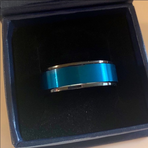 8mm Black Tungsten Carbide sea Blue Brushed center wedding Ring for Men - Picture 8 of 11